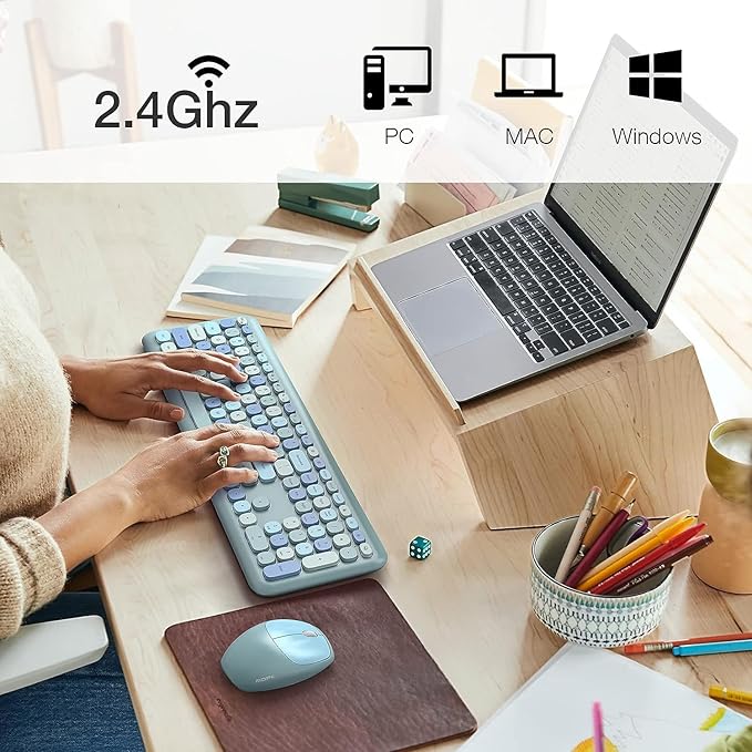 KNOWSQT Wireless Keyboard and Mouse Combo, Pale Blue Full-Sized 2.4G Silent Keycap Colorful Keyboards, USB Dongle Plug Play, for Laptop, Windows, PC, Computer, Desktop