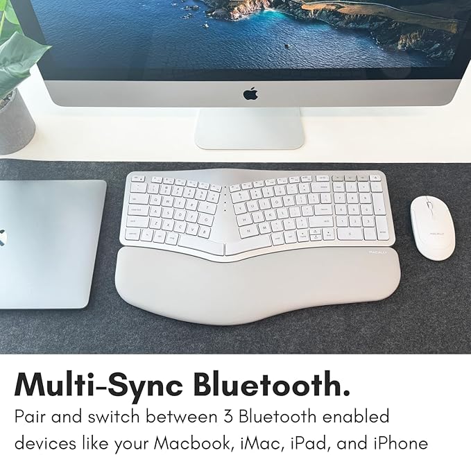 Macally Bluetooth Ergonomic Keyboard, Wireless Split Keyboard, Carpal Tunnel Comfort, Ergo Rechargeable Split Wrist Key Board - Backlit Apple 100 Key Layout for MacBook Pro/Air, iMac