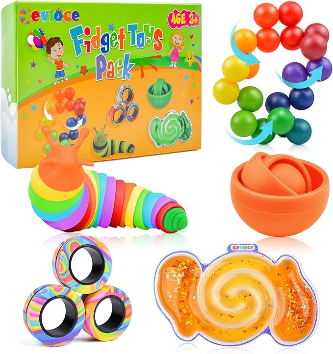 Cevioce 5Pcs Fidget Toys Adults Pack,Easter Basket Stuffers for Teens Boys,Autism Sensory Toys with Fidget Spinner Slug Magnetic Rings,Squishy Fidget Toys ADHD Stress Relief,Party Favor for Kid-O