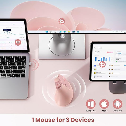 seenda Ergonomic Mouse Rechargeable, USB+Dual Bluetooth, MOU-302 Vertical Wireless Mouse with Volume Knob, Quiet Clicks, Multi-Device Cordless Mice Compatible for Windows, PC, Laptop, Mac OS, Pink