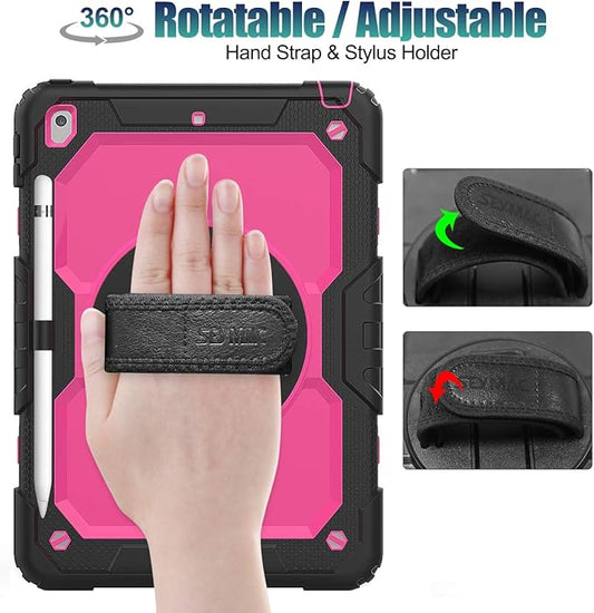 SEYMAC stock Case for iPad 9th/ 8th/ 7th Generation 10.2'', Shockproof with Screen Protector, Pencil Holder [360° Rotating Hand Strap] & Stand, for iPad 10.2 inch 2021-2019 (Rose+Black)