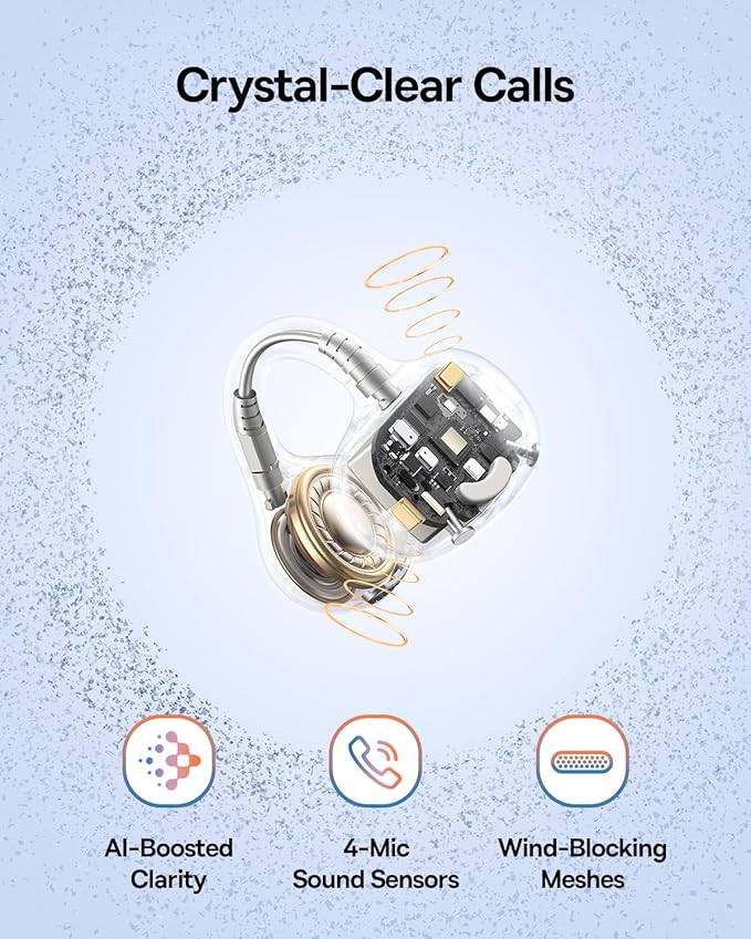 Baseus Bass BC1 Open Ear Earbuds Clip-On Headphones, Open-Ring Comfort with Tri-Curve Snug Clip, Powerful Sound with SuperBass, 4-Mic Clear Calls, IP55 Waterproof, 38H Playtime, Lightweight