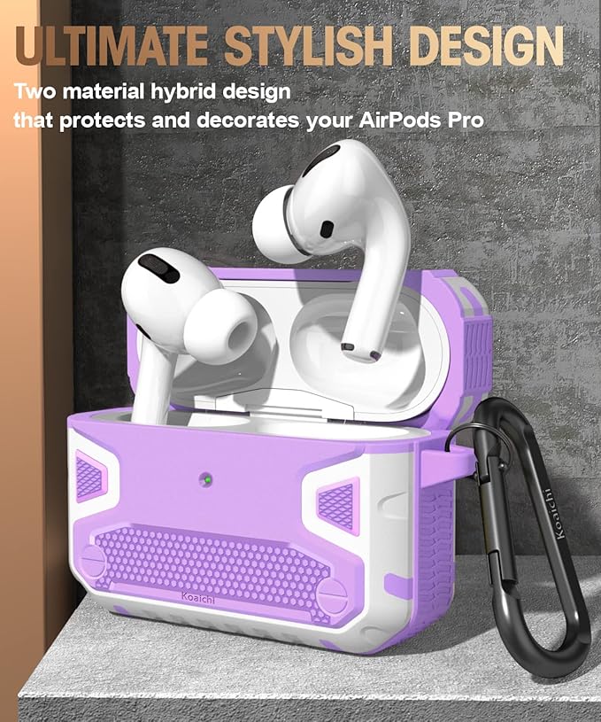 Koaichi Compatible with AirPods Pro(2nd Generation/1st Generation), Full-Body Rugged Hard Shell Protective Case Cover with Keychain Designed for AirPods Pro (2022/2019), Purple/White