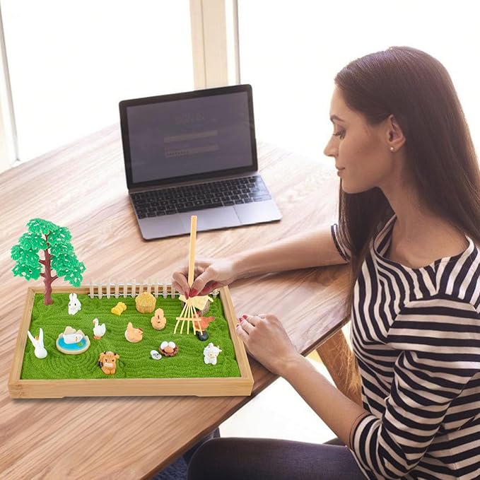 31 Pcs Zen Garden Kit for Desk, Mini Zen Sand Garden with Wooden Tray & Rake, Japanese Gift Set for Home, Office Desk Decor