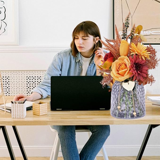 Faux Flowers in Vase - Hydrangea Fall Centerpieces for Tables Fake Flowers with Vase Dining Table Decor, Fake Roses Chrysanthemum Fall Flowers Artificial for Decoration