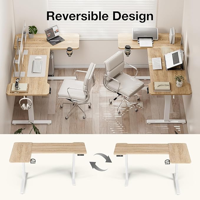 59 Inch L Shaped Standing Desk Adjustable Height, Electric Corner Standing Desk, Sit Stand Computer Table with Reversiable Splice Board,Light Rustic Brown