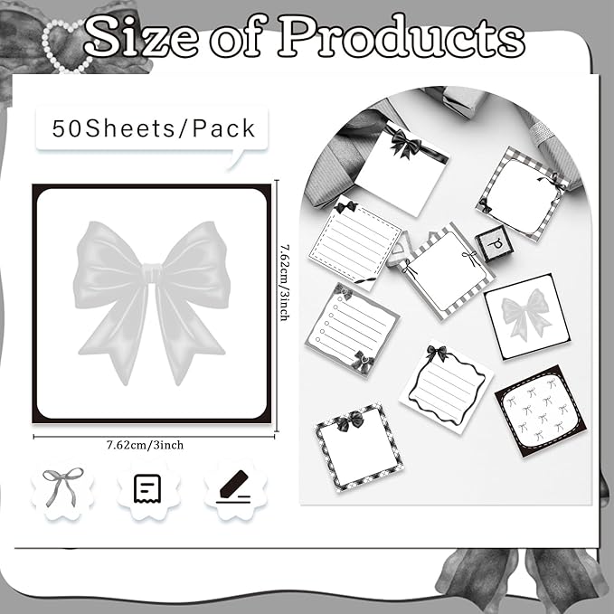 Black Bow Sticky Notes Gifts - 9 Pack Black Bow Sticky Notepads 3x3 Inch, Cute Bowknot Self-Adhesive Memo Pad Gifts for Girls Women, Gothic Office School Supplies (450 Sheets)