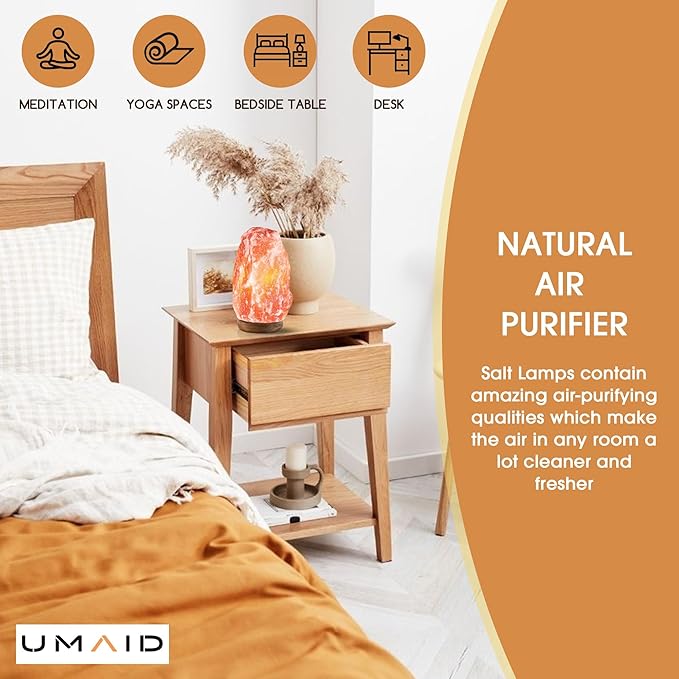 UMAID Himalayan Salt Lamp 8-10 inch (7-11 lb) with Dimmable Switch and Night Light Bulb on Handcrafted Wooden Base, Natural Pink Rock Salt Lamp