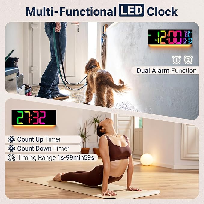 16.5" Large Digital Wall Clock: 11 RGB Colors Wall Mount Decor Clock for Living Room Bedroom Office Classroom, House Warming Gifts New Home Decor, Birthday Gifts for Men Women Brown