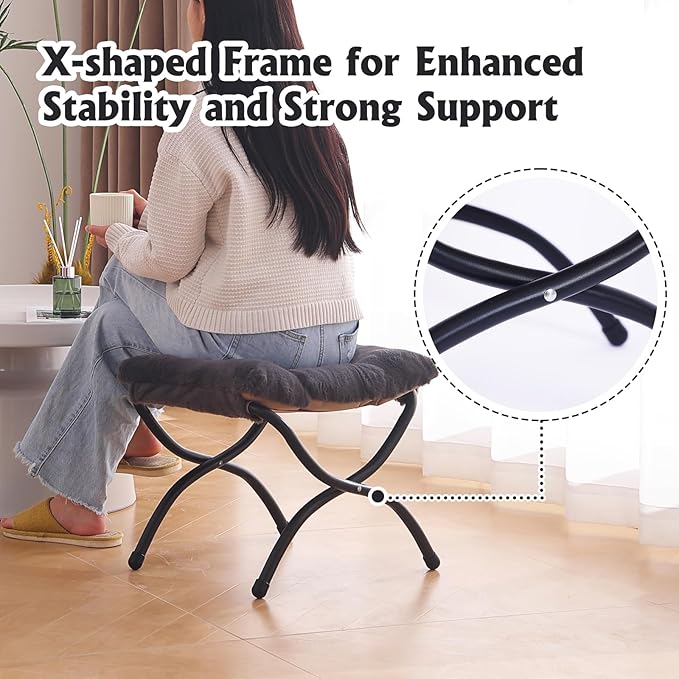 Welnow Folding Foot Stool, Upholstered Small Accent Ottoman with Detachable Thick Cotton Cushion Padded Sofa Stool and Metal Frame for Lazy Chair, Living Room, Bedroom, Plush Black