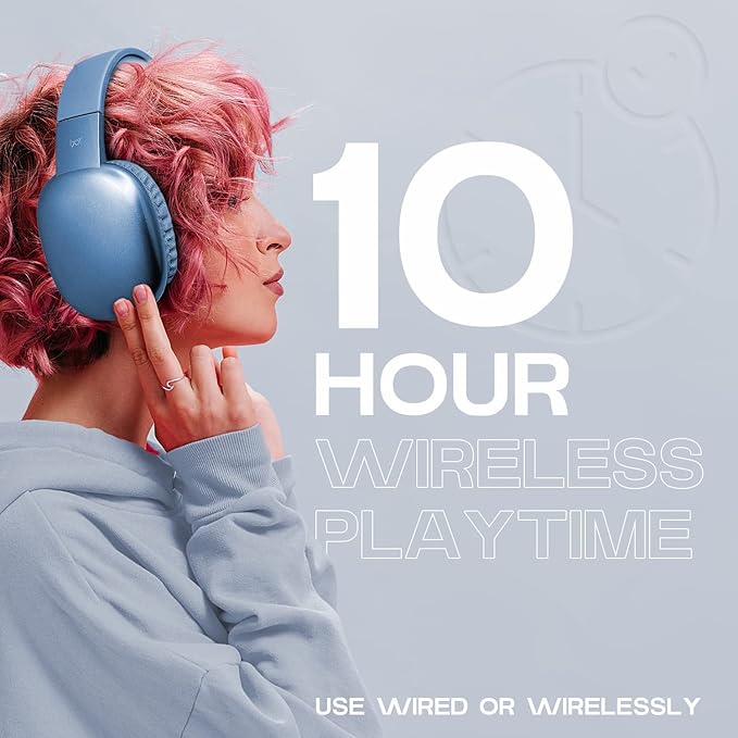 iJoy Ultra Wireless Headphones with Microphone- Rechargeable Over Ear Wireless Bluetooth Headphones with 10Hr Playtime, SD Slot, Backup Wire- Soft Cushion Wireless Headset with Mic (Blue)