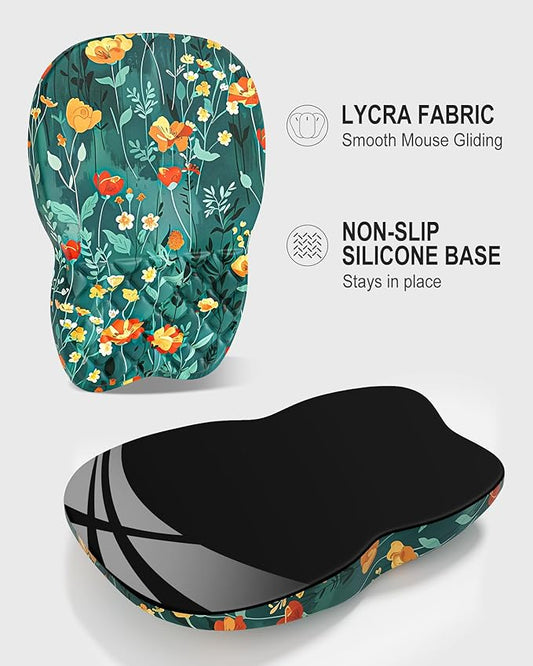 Auhoahsil Ergonomic Mouse Pad with Wrist Rest, Slope Computer Mouse Mat with Wrist Support, Memory Foam Filling, Non-Slip Silicone Base, Pain Relief, for Gaming & Work, 8 x 12 in, Green Flowers