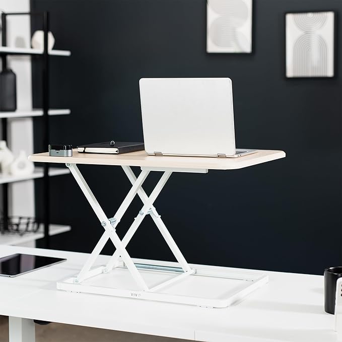 VIVO Ultra-Slim Single Top Height Adjustable Standing Desk Riser, Compact Sit Stand Desktop Converter for Monitor or Laptop, Light Wood, DESK-V001JF