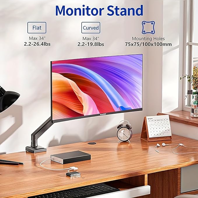 Ultrawide Monitor Arm for 13 to 32 inch Flat/Curved Computer Screen, Gas Spring Single Monitor Mount Holds up to 17.63 lbs, Clamp & Grommet Base, VESA 75x75/100x100mm, Black