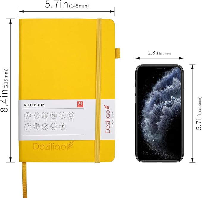 Deziliao Lined Journal Notebooks with Pen Loop, Hardcover Notebook Journal for Work, 100Gsm Premium Thick Paper with Inner Pocket, Medium 5.7''''x8.4'''', ?Yellow, Ruled, 1 Pack