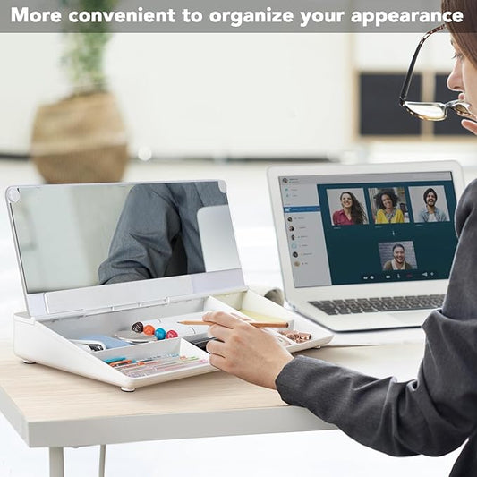 Varhomax Glass Desk Whiteboard with Built-in Mirror, Desktop Organizer Dry Erase White Board with Storage, to Do List Memo Notepad for Home Office and School Supplies