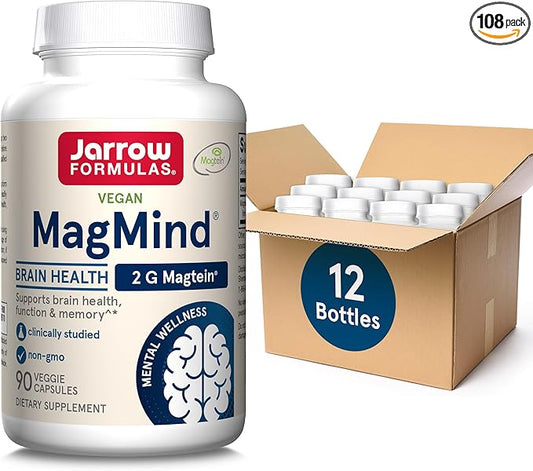 Jarrow Formulas Magnesium L-Threonate, MagMind Brain Supplements for Memory Support, 90 Veggie Capsules, Up to a 30 Day Supply, Pack of 12