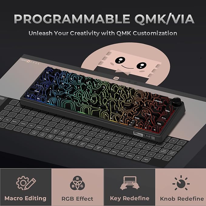 RK ROYAL KLUDGE R65 Wireless Mechanical Keyboard with Volume Knob, 60% Gaming Keyboard Topographic, Tri-Mode 2.4Ghz/USB-C/BT, Gasket Mount, QMK/VIA, PBT Keycaps, Hot Swappable Cream Switch, Black