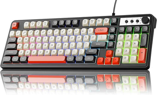 EWEADN G98 RGB Gaming Keyboard Wired, Retro Creamy Membrane Keyboards with Media Knob, Number Pad RGB Backlit, 98 Keys Quite Membrane Computer Keyboard for MAC Xbox PC Gamer -Black&White