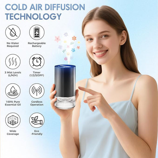 Waterless Essential Oil Diffuser with 100ml of Pure Essential Oil, Mini Scent Air Diffuser with 7 Color Lights, 100ml Large Capacity CarDiffuser, 3 Timers & 3Mist Levelsfor Home, Car, Office