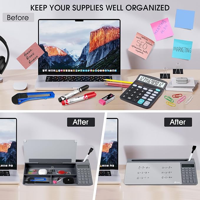 Varhomax Glass Desk Whiteboard Gray with Calculator, Desktop Organizer Dry Erase White Board with Storage, to Do List Memo Notepad for Home Office and School Supplies