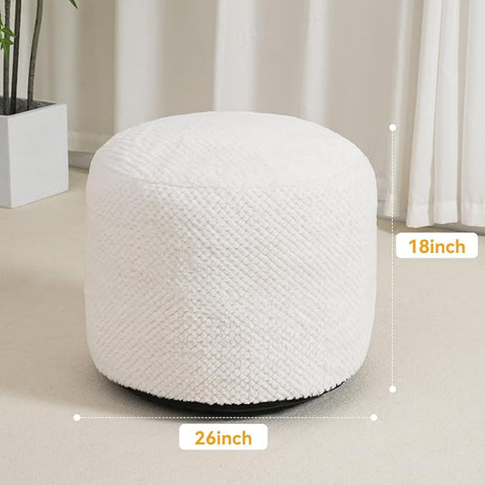 Round Stuffed Pouf Ottoman for Foot Rest, Faux Fur Poufs with Foam Chunk Filling, Storage Ottoman Pouf Foot Stool Cushion, 26 X 18 Inch Floor Chair for Living Room Bedroom Home Decor, White