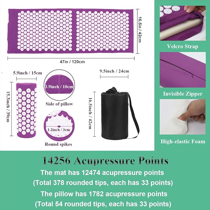 XiaoMaGe Acupressure Mat and Pillow Set with Bag - Extra Long Acupuncture Mat for Neck & Back Pain Relief- Naturally Relaxation Gift for Women - Stress Relief Massage Mat (Purple)