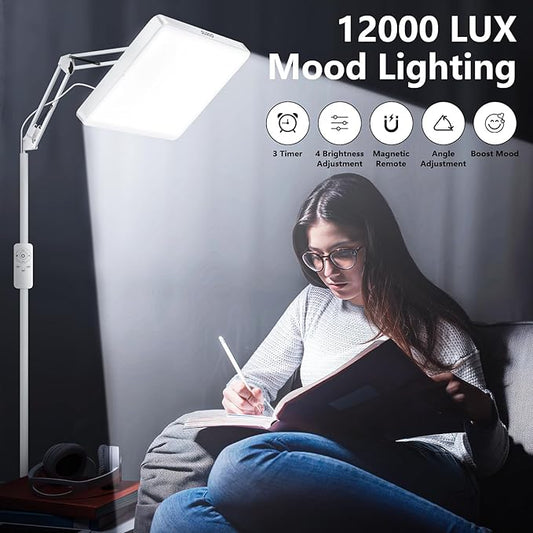 SUXIO Light Therapy Lamp - 12000 LUX Therapy Light, Happy Lamp with Remote, Light Box Therapy with 3 Timer & 4 Brightness, LED UV-Free Daylight Lamp Perfect for Home, Office