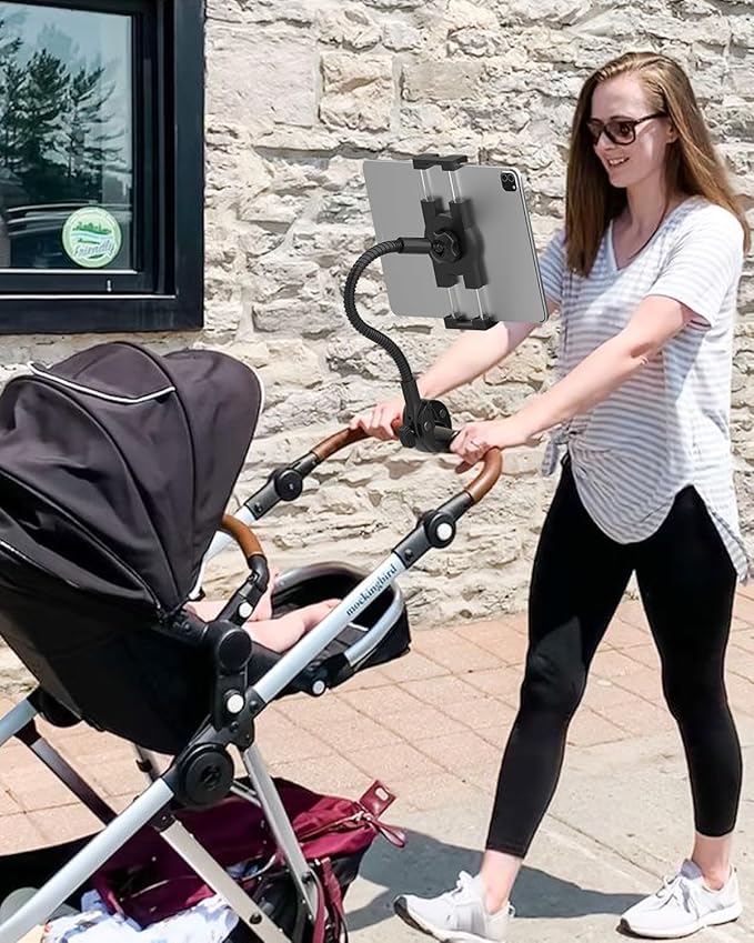 Gooseneck Tablet Holder for Wheelchair/Stroller/Golf Cart/Boat/Mic Stand/Indoor Cycling Bike/Gym Bicycle Handlebar Clamp, Compatible with 4.7-13" iPad Pro/Air/Mini, iPhone, Galaxy, Fire HD, E-Book