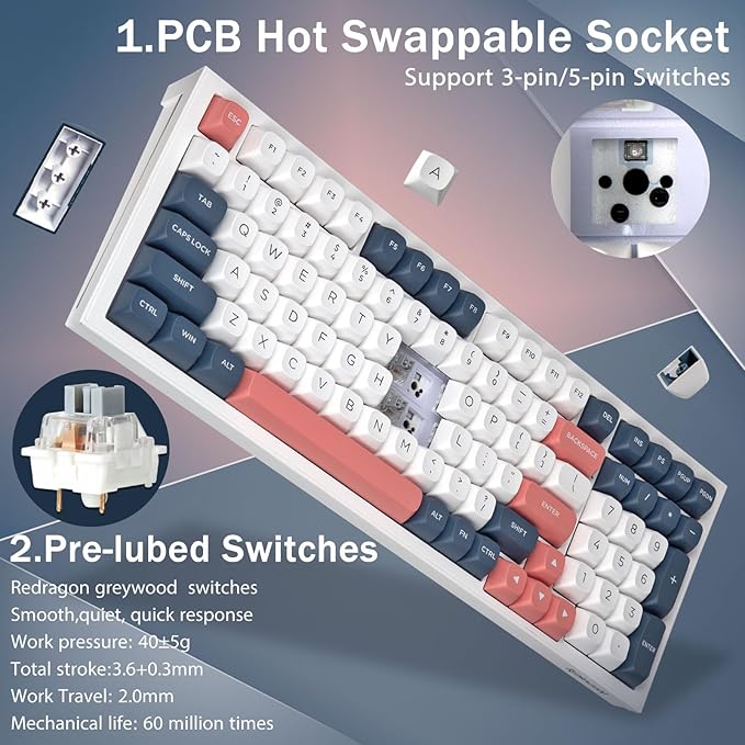 Redragon K723 Wireless Mechanical Gaming Keyboard, Hot Swappable Pre-lubed Linear Switches, Gasket Design, Bluetooth/2.4GHz/USB-C, Creamy Sound, RGB Backlit for PC/Mac/PS/Xbox, White Blue