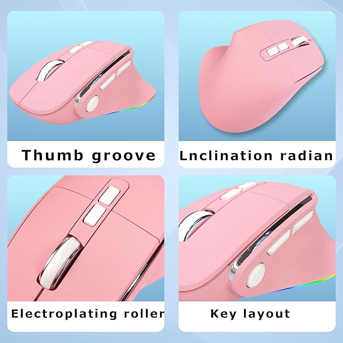 Ergonomic Mouse Dual Mode(Bluetooth+USB)Pink Rechargeable Vertical Carpal Tunnel Cordless Bluetooth Mice for PC/Laptop/Computer/Tablet/ipad/Macbook Air/Pro Office Work Women Girl Gift,Double Click Key