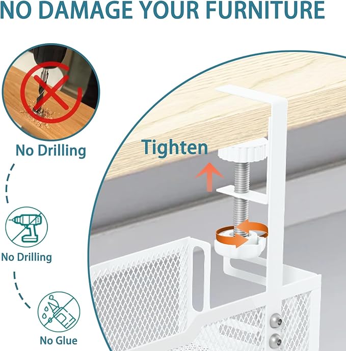 Under Desk Cable Management Tray, No Drill Mesh Desk Cable Tray, Wire Management Tray Cable Management Rack, Wire Organizer and Cable Management Box (White)