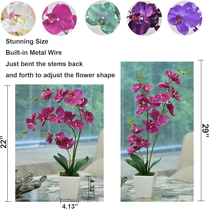 Faux Orchid in Vase Artificial Orchid in Ceramic Vase Tall Silk Orchids with Stems Real Look Potted Phalaenopsis Flowers Arrangement Centerpiece Table Decorations for Home Decor Indoor, Fuchsia