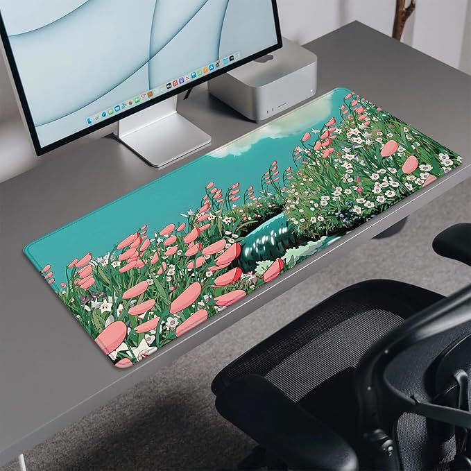 Anime Flowers in The River Extended Desk Pad Flowers Mouse Pad,Large Gaming Floral Mouse Mat with Stitched Edges,Non-Slip Rubber Base Mousepad for Office Computer Keyboard Laptop Home