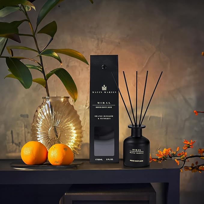 Miral Reed Diffuser 5 oz - Luxury Aromatherapy with Orange Blossom & Mandarin - Home Decor Gift for Bedroom, Office, Living Room, Bathroom - Long Lasting Scent - Premium Fragrance Sticks
