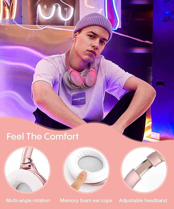 INFURTURE Rose Gold Active Noise Cancelling Headphones with Microphone Wireless Over Ear Bluetooth Headphones, Deep Bass, Memory Foam Ear Cups, Quick Charge 90H Playtime, for Travel/Sports/Audiobooks