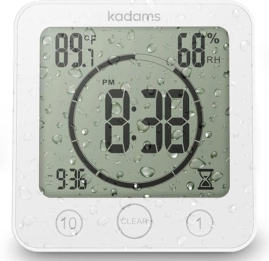 KADAMS Shower Clock Waterproof Bathroom Timer – Digital Wall Clock with Countdown, Magnetic Kitchen Clock with Temperature & Humidity, Suction Cup for Kids Shower Spa Sauna Cook Bath, White