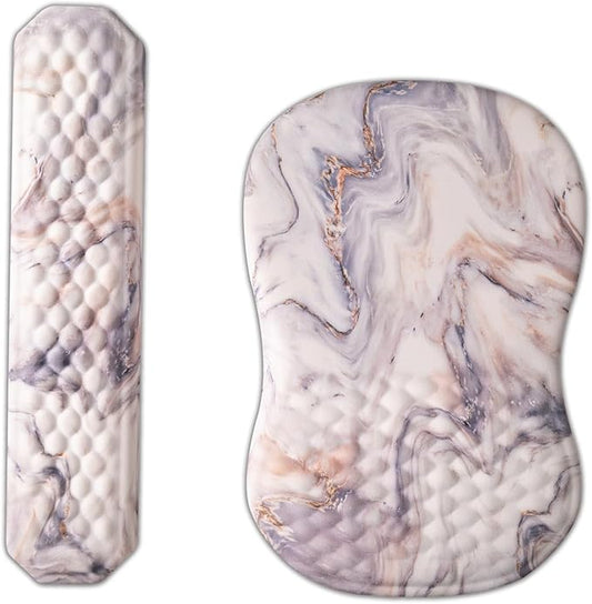 Ergonomic Mouse Pad Wrist Support and Keyboard Wrist Rest, Computer Carpal Tunnel Mouse Pads for Desk with Coaster Set, Memory Foam Mousepad with Non-Slip PU Base for Home Office (Marble White)