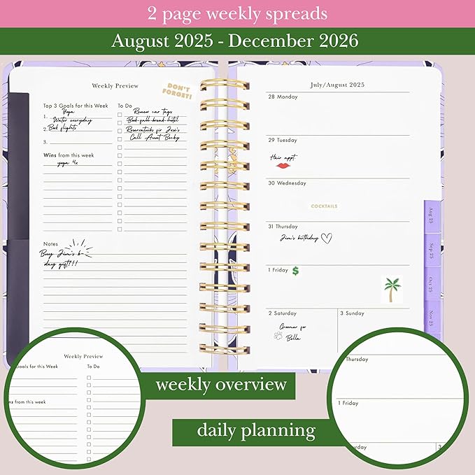 kate spade new york Daily Planner 2025-2026 Medium Agenda August 2025-December 2026, Hardcover Weekly and Monthly Spiral Planner with Stickers (Coastal Garden)