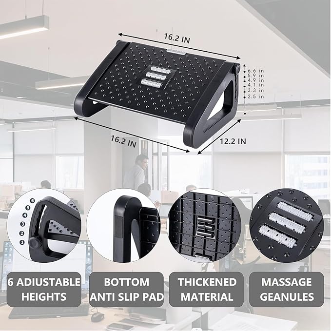 Foot Rest for Under Desk at Work,Ergonomic 6-Height Adjustable Footstool，Under Desk Footrest with Foot Massage Roller,Chair Footstool for Leg (White)