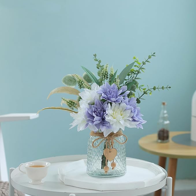 Faux Flowers with Vase,Artificial Silk Flowers in Vase, Fake Plant Eucalyptus and Willow,Flower Arrangement for Home Farmhouse kitchen Dining Table Centerpiece Decorations Table Decor (Dusty Purple)