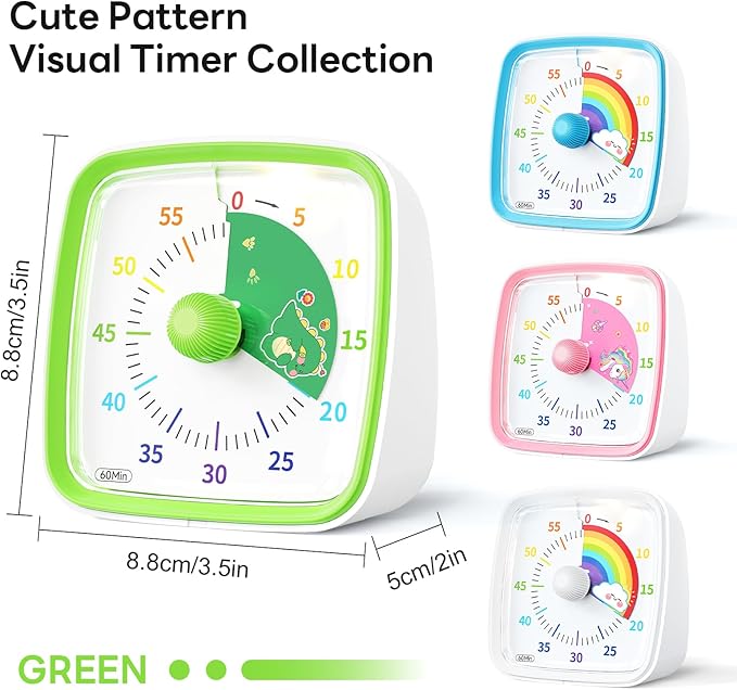 Yunbaoit Visual Timer with Night Light, 60-Minute Dinosaur Countdown Timer for Kids and Adults, Time Management Tool for Home, School, Kitchen, or Office (Green)