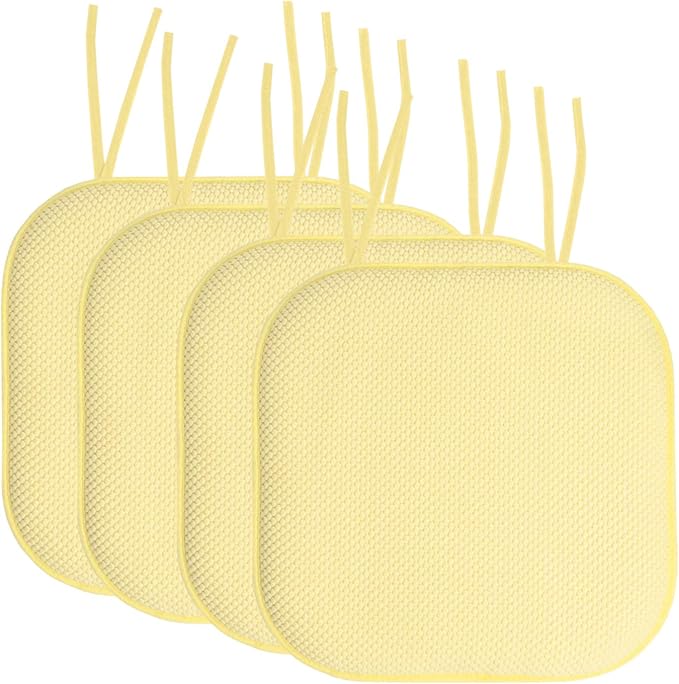 Sweet Home Collection Chair Cushion Memory Foam Pads with Ties Honeycomb Pattern Slip Non Skid Rubber Back Rounded Square 16" x 16" Seat Cover, 4 Pack, Yellow
