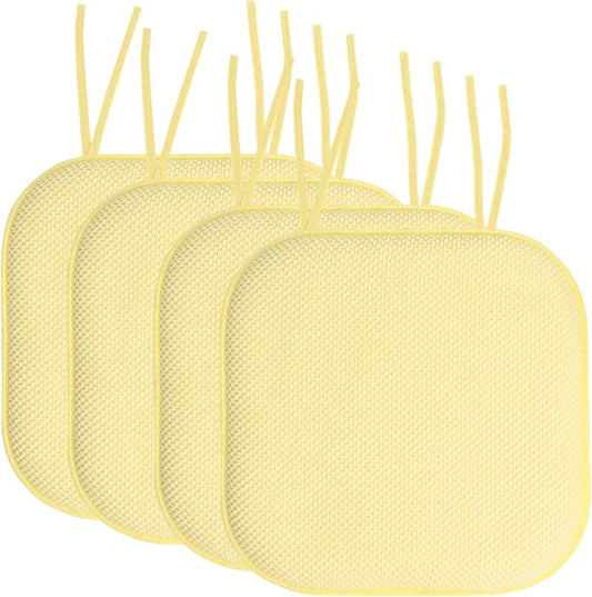 Sweet Home Collection Chair Cushion Memory Foam Pads with Ties Honeycomb Pattern Slip Non Skid Rubber Back Rounded Square 16" x 16" Seat Cover, 4 Pack, Yellow