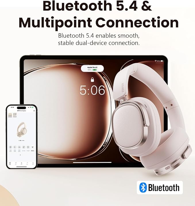 Edifier ES850NB Active Noise Cancelling Headphones, Over Ear Bluetooth Headset, 92H Playtime Wired & Wireless Hi-Res Audio Certified, Fast Charging Clear Calls for Home Office Travel (Pink)