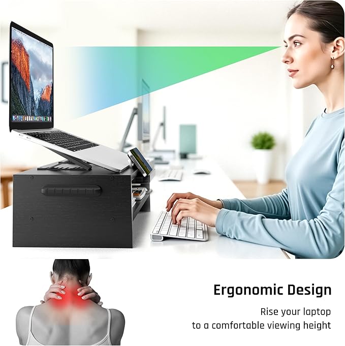 Adjustable Wood Laptop Stand, Ergonomic Height Angles Computer Stand, Riser Holder Notebook Stand for Desk Compatible with Air, Pro, Dell, HP, Lenovo More 10-17.3" Laptops, Black