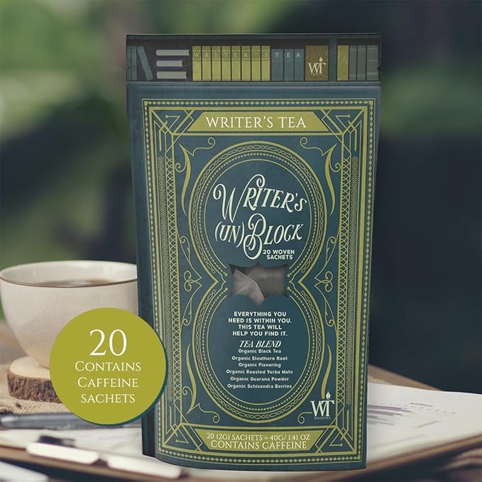 Writer's Tea Writer's (Un) Block - Focus Tea - Black Tea, Eleuthero Root, Flavoring, Roasted Yerba Mate, Guarana Powder, and Schisandra Tea Blend - Contains Caffeine - 20 Woven Sachets
