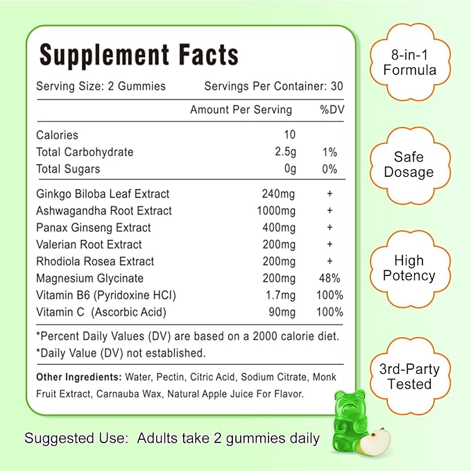 Ginkgo Biloba Gummies with Ginseng and Magnesium, Ginko Biloba Supplements Gummies for Brain Focus, Mood and Memory for Adults, 60 Cts