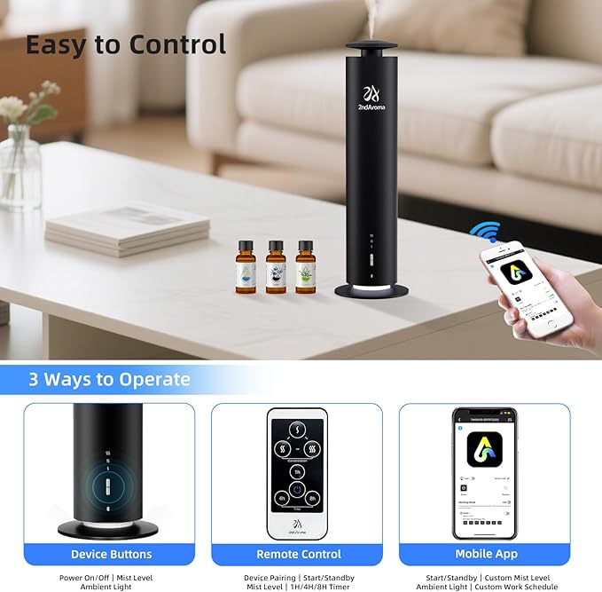 Waterless Scent Diffuser Starter Kit, Diffusers for Home Office Hotel 1000 Sq Ft Coverage, Cordless Essential Oil Diffuser Large Room with 3 Mood Lights, 3 Scent Oils, App Control, Black