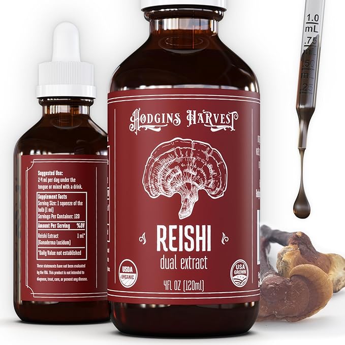 Hodgins Harvest Organic Reishi Mushroom Fruiting Body Extract Tincture - Extra Concentrated Dual Extract Supplement - Supports Heart Health & Wellness - USDA Organic Mushrooms - 4 oz
